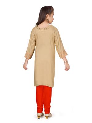 Beige embroidered cotton girls kurtis and bottom 4