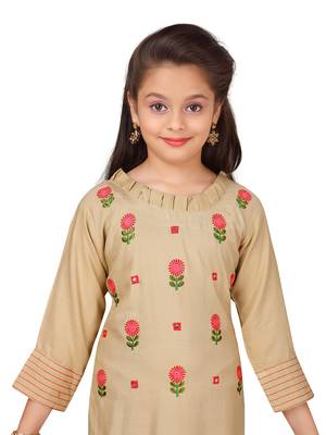 Beige embroidered cotton girls kurtis and bottom 5