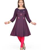 Maroon embroidered cotton girls kurtis and bottom