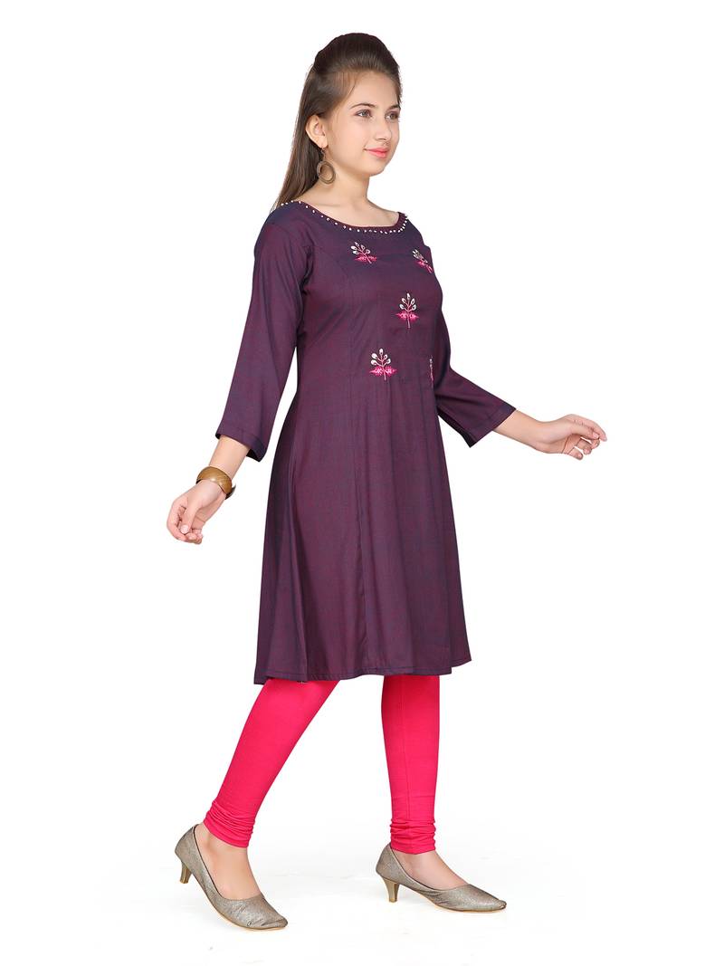 Maroon embroidered cotton girls kurtis and bottom