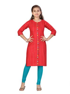 Red embroidered cotton girls kurtis and bottom 1