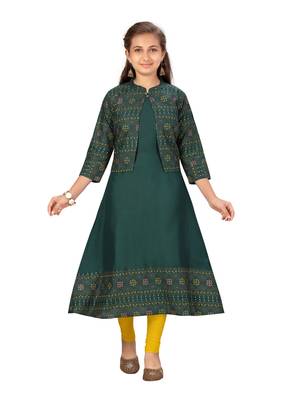 Green printed cotton girls kurtis and bottom 1