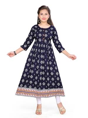 Blue printed cotton girls kurtis and bottom 1