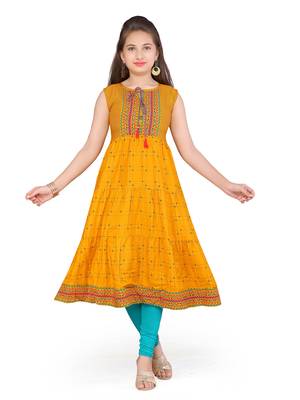 Yellow plain cotton girls kurtis and bottom 1
