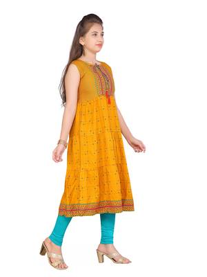 Yellow plain cotton girls kurtis and bottom 3