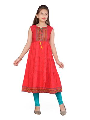 Red printed cotton girls kurtis and bottom 1