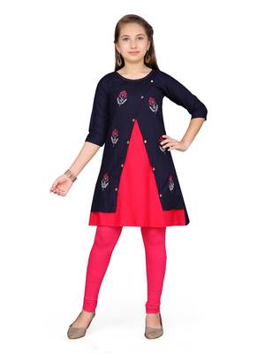 Blue embroidered cotton girls kurtis and bottom 1