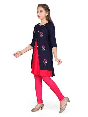 Blue embroidered cotton girls kurtis and bottom 2