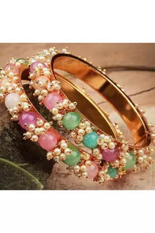 Gold Copper Antique Gold-Plated Beaded Kada Bangle