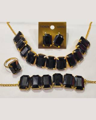 Black Stylish Big Stone Choker Necklace With Finger Ring ,Earrings & Bracelet for Party Wear 1