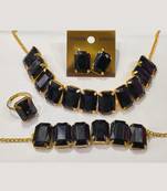 Black Stylish Big Stone Choker Necklace With Finger Ring ,Earrings & Bracelet for Party Wear
