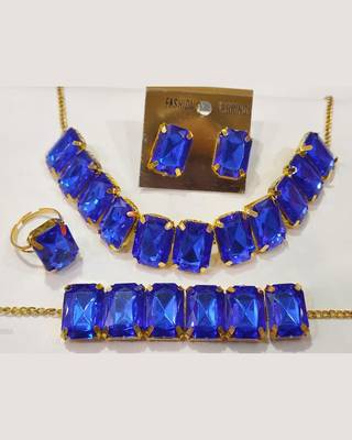Blue Stylish Big Stone Choker Necklace With Finger Ring ,Earrings & Bracelet for Party Wear 1