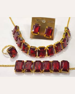 Maroon Stylish Big Stone Choker Necklace With Finger Ring ,Earrings & Bracelet for Party Wear 1