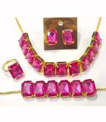 Pink Stylish Big Stone Choker Necklace With Finger Ring ,Earrings & Bracelet for Party Wear