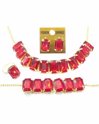 Red Stylish Big Stone Choker Necklace With Finger Ring ,Earrings & Bracelet for Party Wear 1