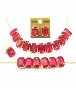Red Stylish Big Stone Choker Necklace With Finger Ring ,Earrings & Bracelet for Party Wear