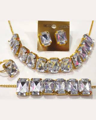 White Stylish Big Stone Choker Necklace With Finger Ring ,Earrings & Bracelet for Party Wear 1