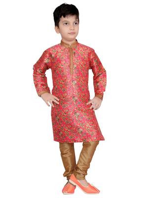 Pink printed silk boys-kurta-pyjama 1