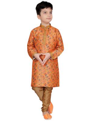 Orange printed silk boys-kurta-pyjama 1