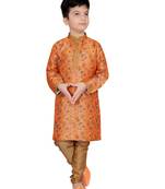 Orange printed silk boys-kurta-pyjama