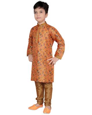 Orange printed silk boys-kurta-pyjama 3