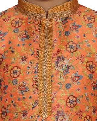 Orange printed silk boys-kurta-pyjama 4