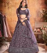 Wine embroidered net semi stitched lehenga