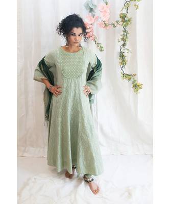 Green Classic Anarkali with churidar & dupatta 1