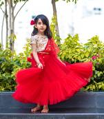 hand embroidered zari work red and golden attached dupatta lehenga