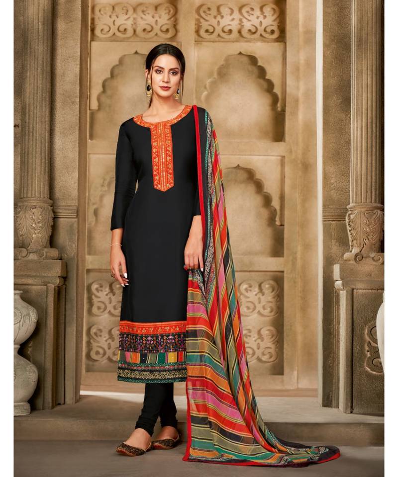 Black cotton knitted unstitched embroidered Top Bottom with