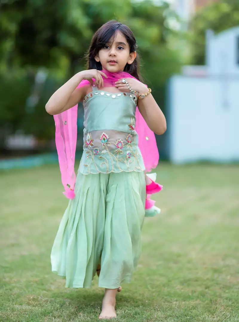 mint hand embroidered organza sheer kurta palazzo