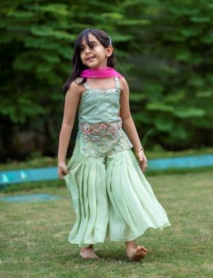 mint hand embroidered organza sheer kurta palazzo 4