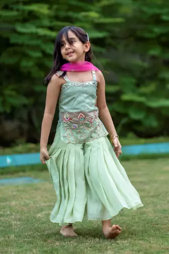 mint hand embroidered organza sheer kurta palazzo