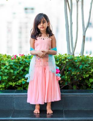 peach  hand embroidered organza sheer kurta palazzo 1