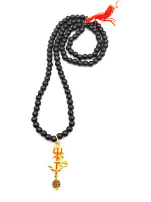 Om Shiv Mahakal Trishul With Rudraksha Pendant With Black Hakik Agate 108 beads Mala For  2