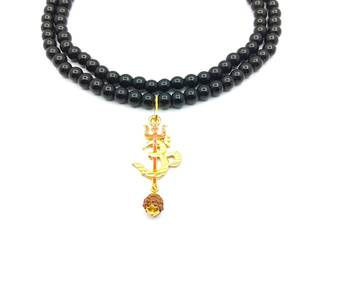 Om Shiv Mahakal Trishul With Rudraksha Pendant With Black Hakik Agate 108 beads Mala For  2