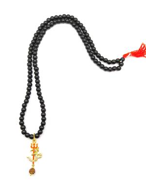 Om Shiv Mahakal Trishul With Rudraksha Pendant With Black Hakik Agate 108 beads Mala For  3