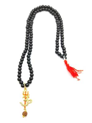 Om Shiv Mahakal Trishul With Rudraksha Pendant With Black Hakik Agate 108 beads Mala For  3