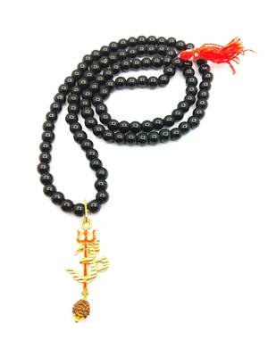 Om Shiv Mahakal Trishul With Rudraksha Pendant With Black Hakik Agate 108 beads Mala For  3