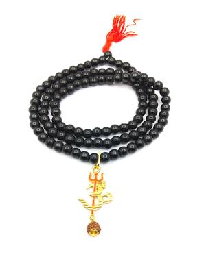 Om Shiv Mahakal Trishul With Rudraksha Pendant With Black Hakik Agate 108 beads Mala For  3