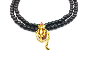 Raviour Lifestyle Lord Shiv Shakti 5 Mukhi Shiv Trishul Damru With Black Hakik Agate 108 beads Mala 1