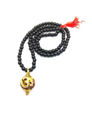 Lord shiv punchmukhi rudraksha Om pendant With Black Hakik Agate 108 beads Mala For Good Luck and Mahadev Blessing 3
