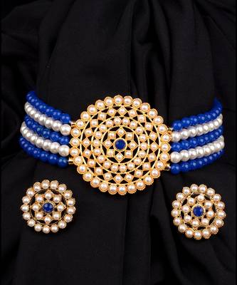 Blue & White Pearl Choker Necklace Set for Women 1