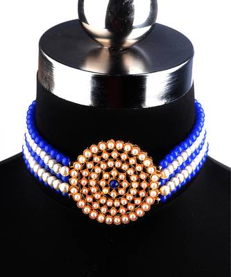 Blue & White Pearl Choker Necklace Set for Women 3