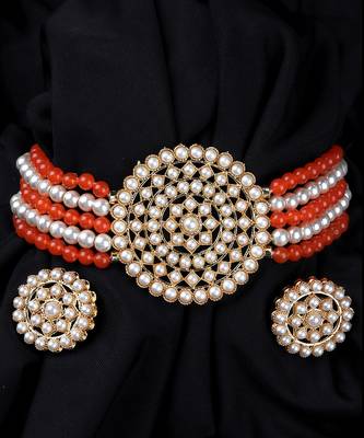 Orange Beaded Plated Pearl Choker Necklace Set for Women 1