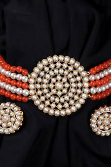 Orange Beaded Plated Pearl Choker Necklace Set for Women