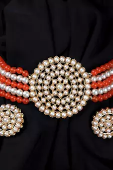 Orange Beaded Plated Pearl Choker Necklace Set for Women