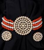 Orange Beaded Plated Pearl Choker Necklace Set for Women