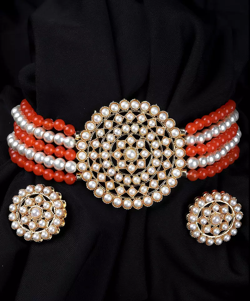 Orange Beaded Plated Pearl Choker Necklace Set for Women