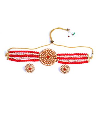Red Choker Design Traditional Stylish Fancy Pearl Necklace Jewellery Set for Women 2